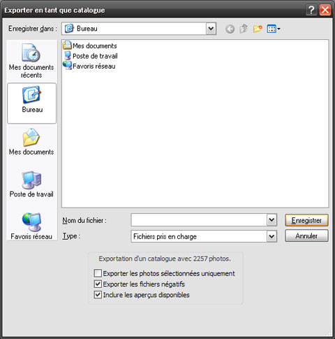Options d\'exportation du catalogue