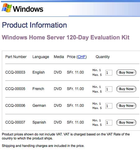 Formulaire de commande du media kit pour Windows Home Server avec la grille tarifaire